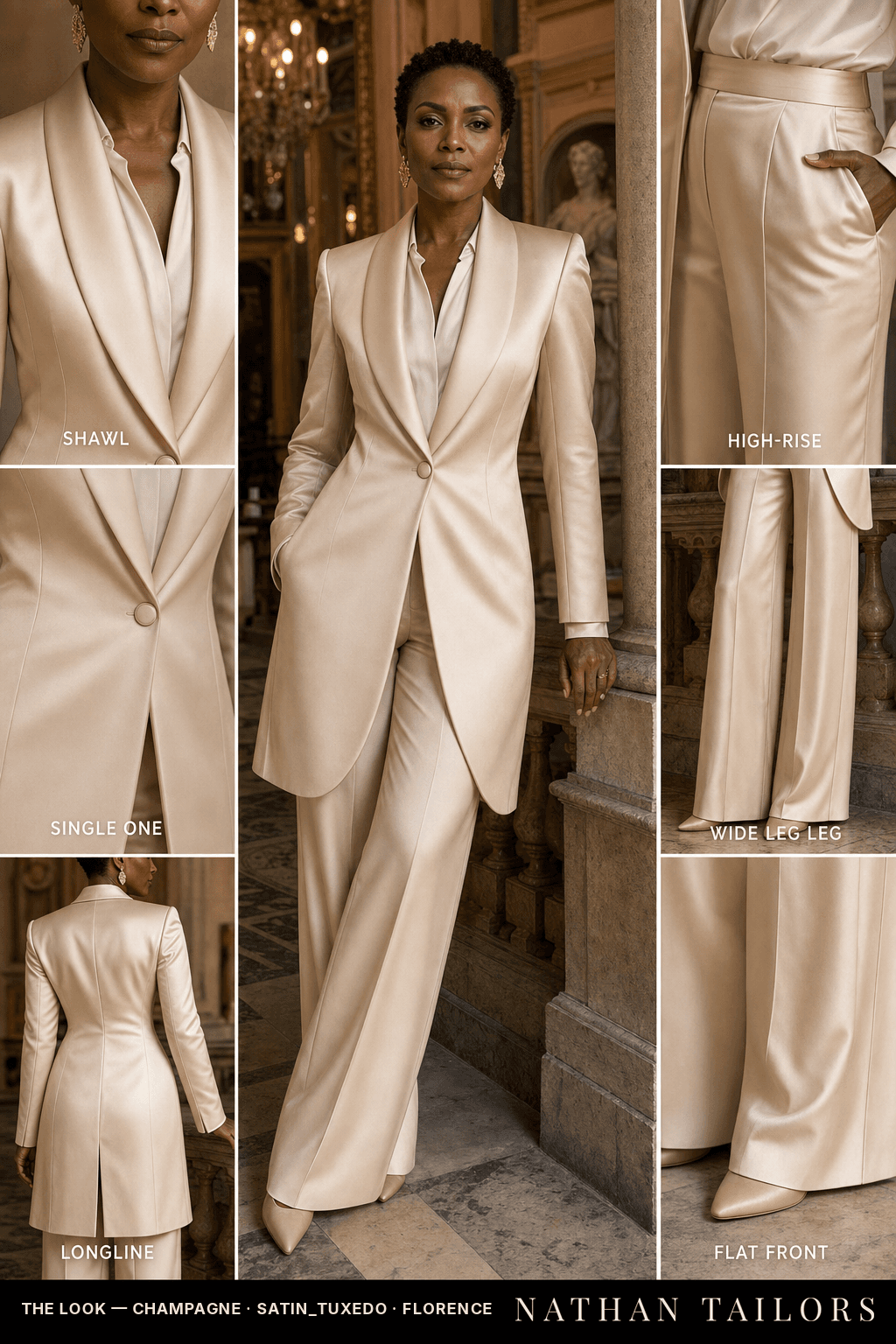 Women's suit in champagne — custom tailored by Nathan Tailors, shipped worldwide