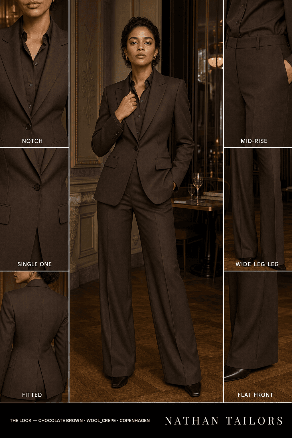 Women's suit in chocolate brown — custom tailored by Nathan Tailors, shipped worldwide
