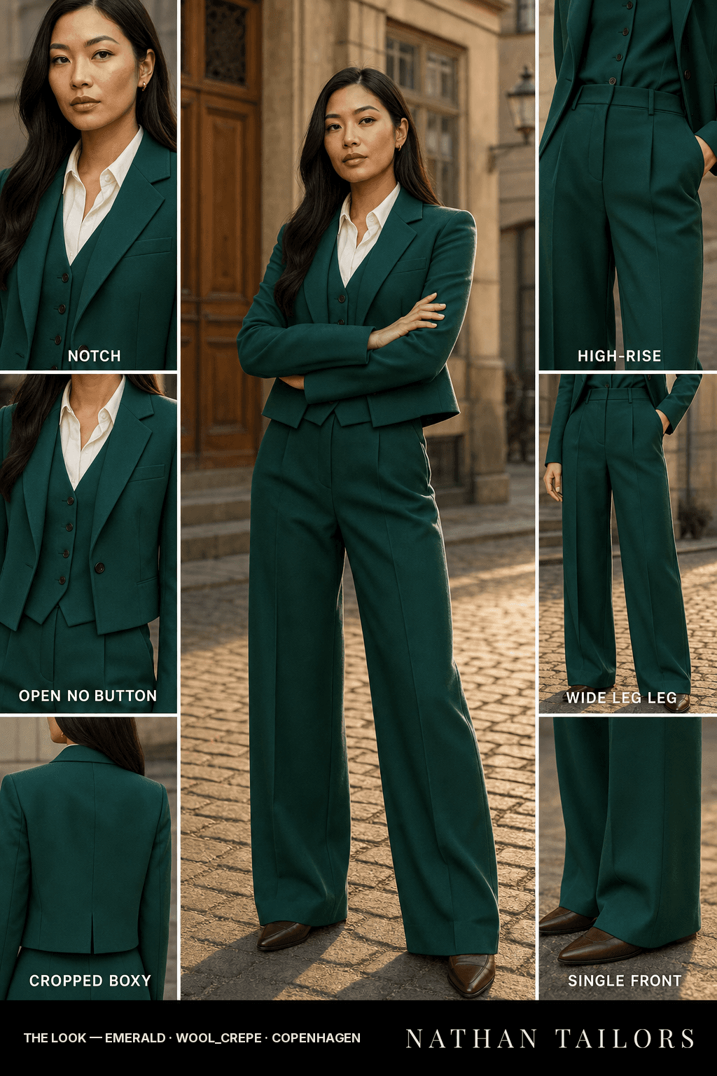 Women's suit in emerald — custom tailored by Nathan Tailors, shipped worldwide