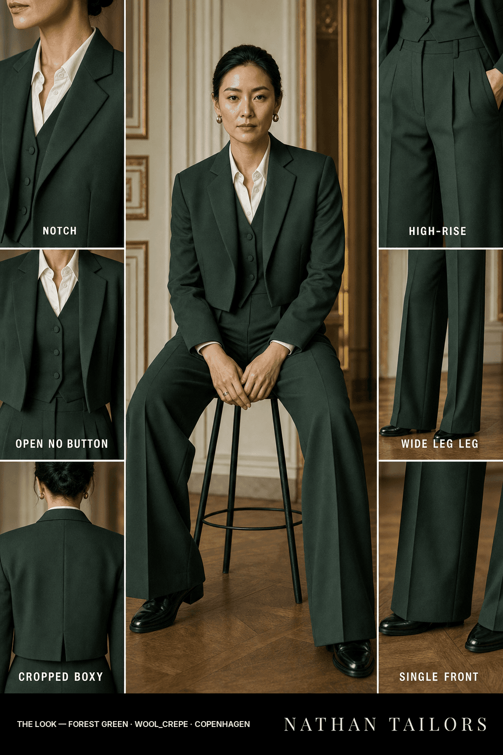 cropped boxy women's pant suit in forest green — AI-rendered by Nathan Tailors, made to measure for women and shipped worldwide.