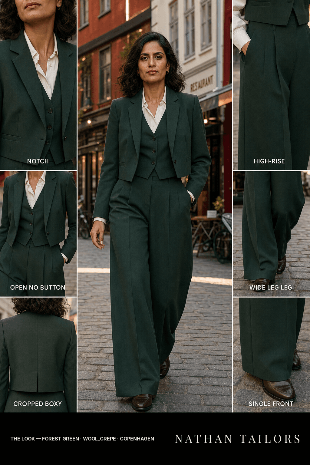 Women's suit in forest green — custom tailored by Nathan Tailors, shipped worldwide