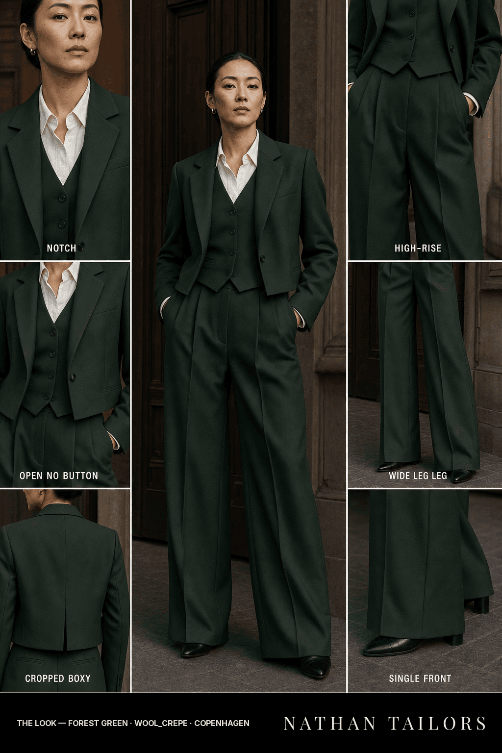 Women's suit in forest green — custom tailored by Nathan Tailors, shipped worldwide