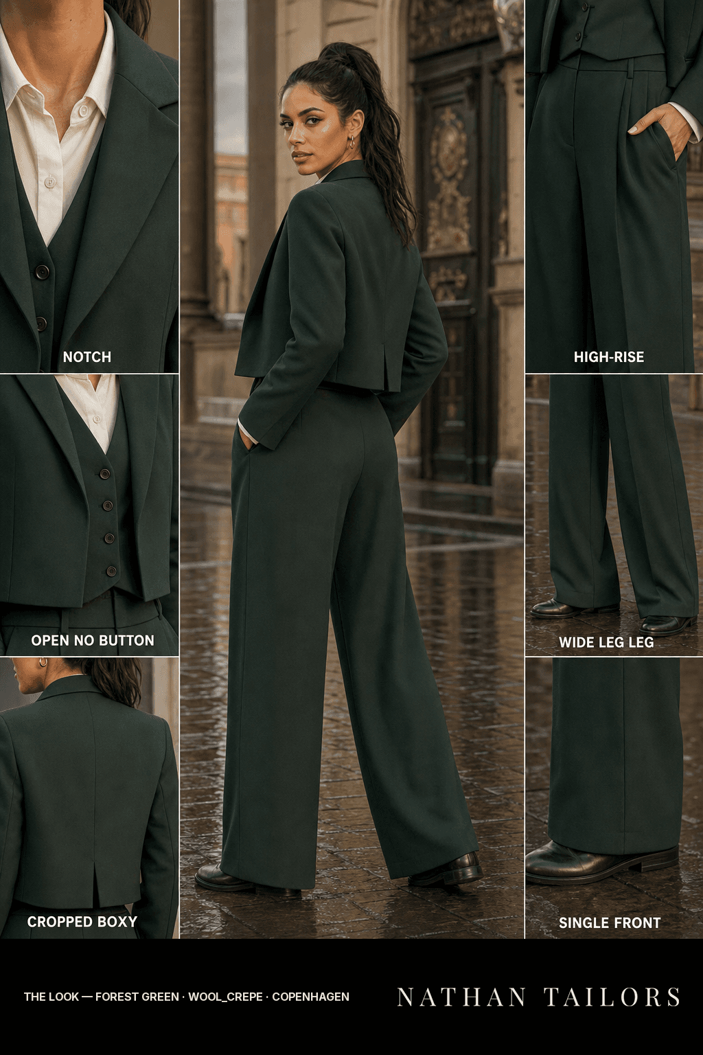 Women's suit in forest green — custom tailored by Nathan Tailors, shipped worldwide