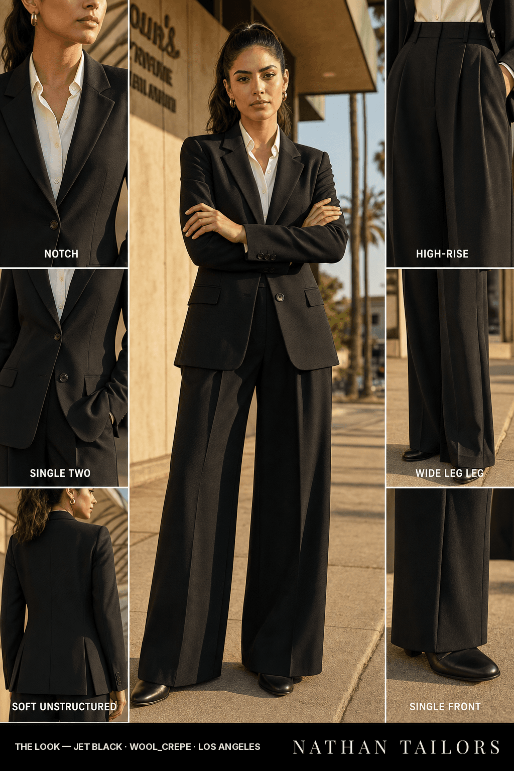 Women's suit in jet black — custom tailored by Nathan Tailors, shipped worldwide