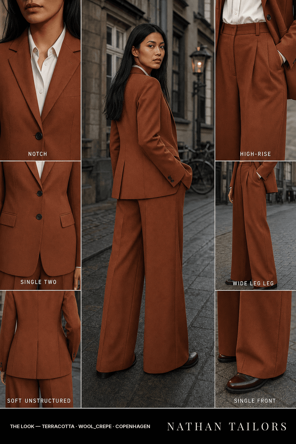Women's suit in terracotta — custom tailored by Nathan Tailors, shipped worldwide