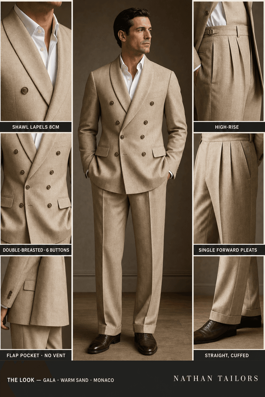 warm sand double-breasted shawl-lapel bespoke suit — AI-rendered by Nathan Tailors, the Hoi An custom tailor. Available as a custom tailored suit from $129.