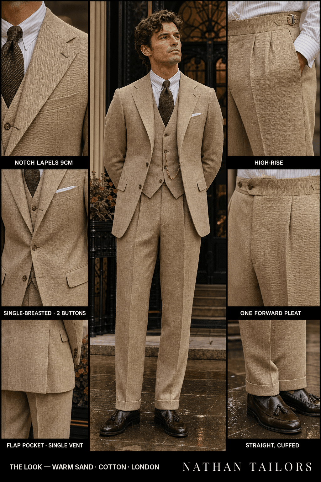 warm sand herringbone single-breasted bespoke suit — custom tailored by Nathan Tailors, the Hoi An custom tailor