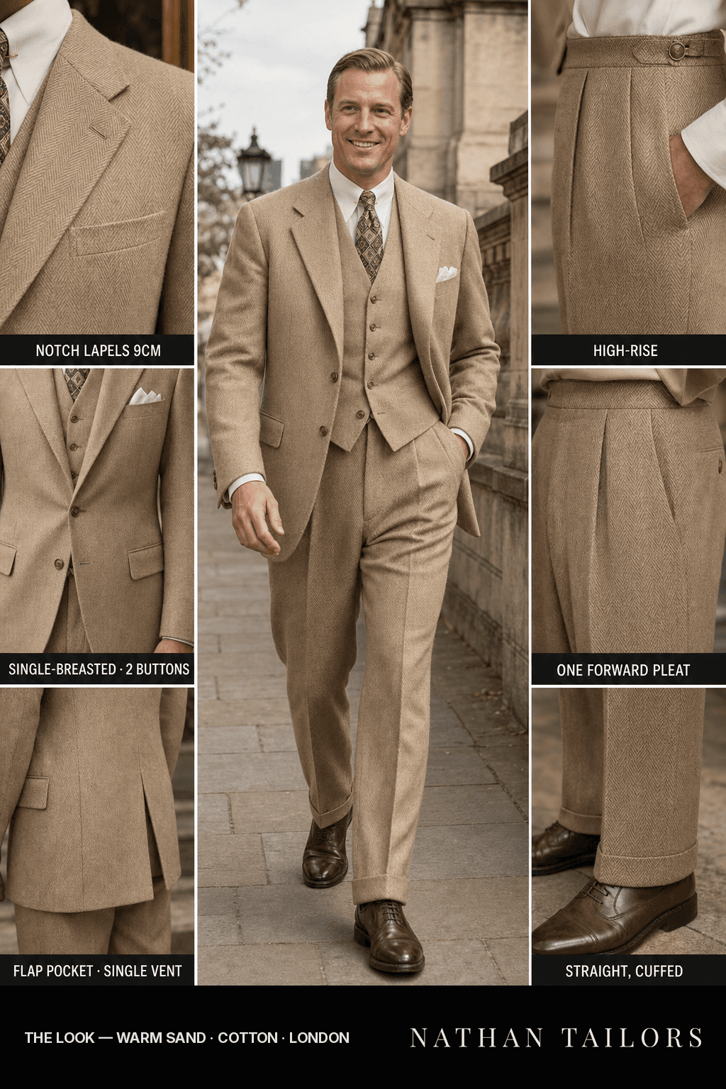 warm sand herringbone single-breasted bespoke suit — custom tailored by Nathan Tailors, the Hoi An custom tailor