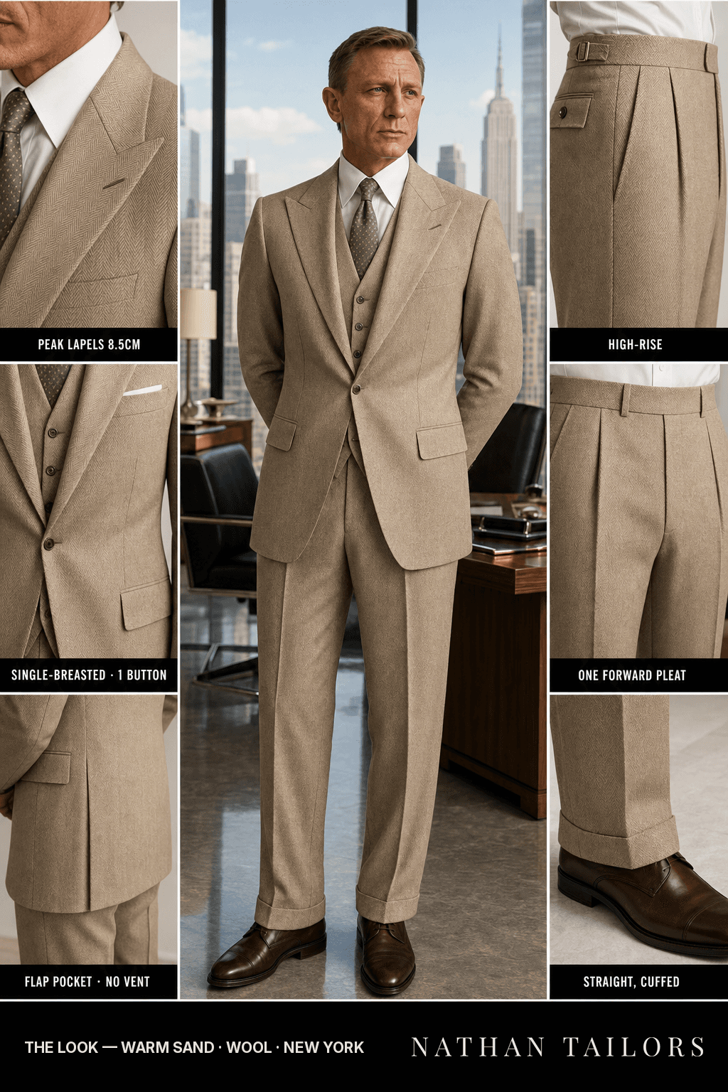 warm sand herringbone single-breasted bespoke suit — custom tailored by Nathan Tailors, the Hoi An custom tailor