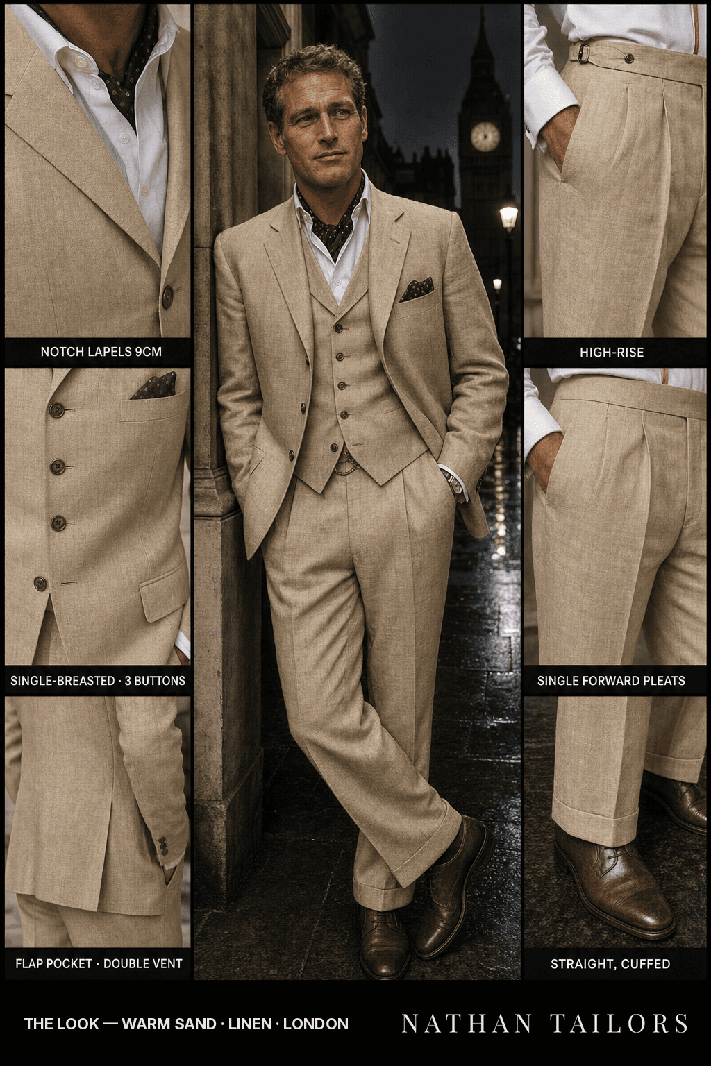 warm sand single-breasted bespoke suit — custom tailored by Nathan Tailors, the Hoi An custom tailor