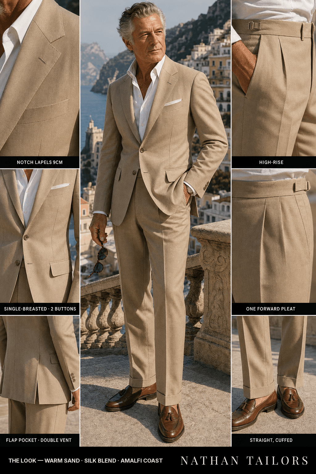 warm sand single-breasted bespoke suit — custom tailored by Nathan Tailors, the Hoi An custom tailor