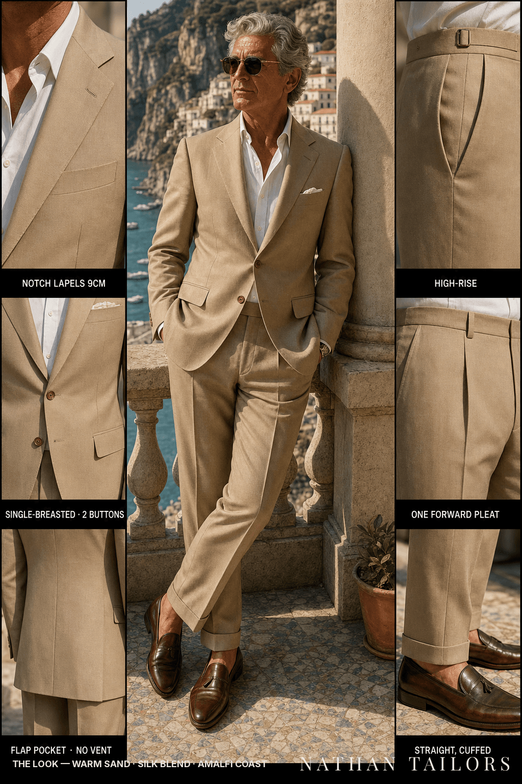 warm sand single-breasted bespoke suit — custom tailored by Nathan Tailors, the Hoi An custom tailor