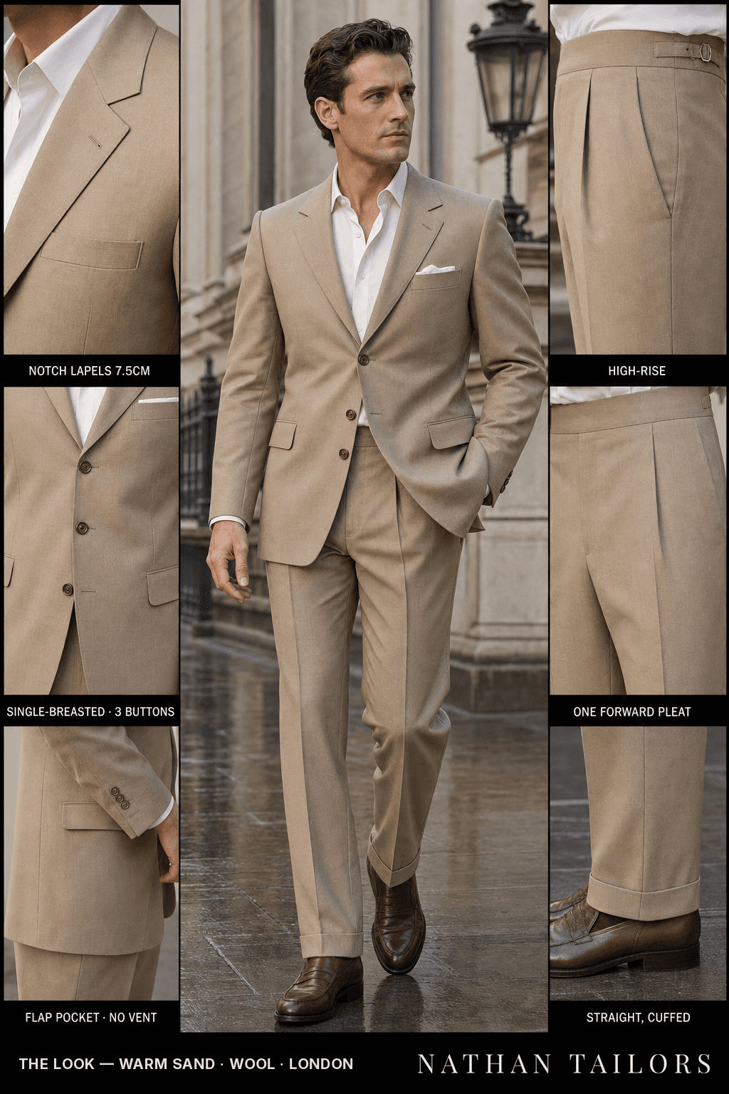 warm sand single-breasted bespoke suit — custom tailored by Nathan Tailors, the Hoi An custom tailor