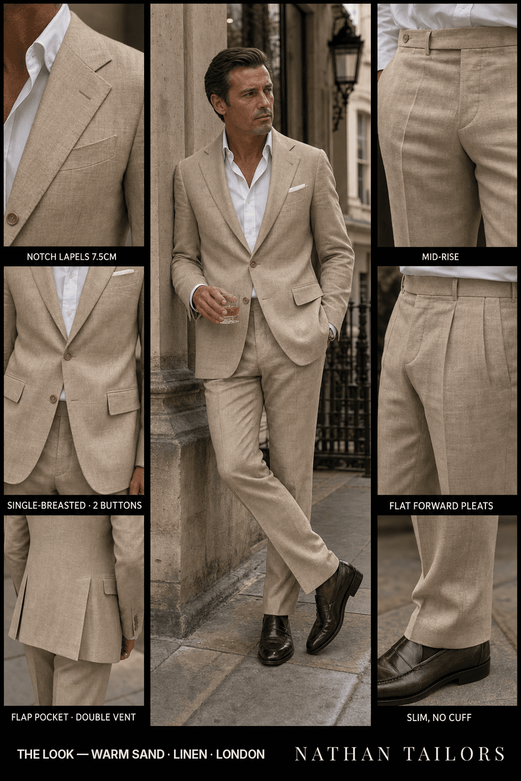 warm sand single-breasted notch-lapel bespoke suit — AI-rendered by Nathan Tailors, the Hoi An custom tailor. Available as a custom tailored suit from $149.