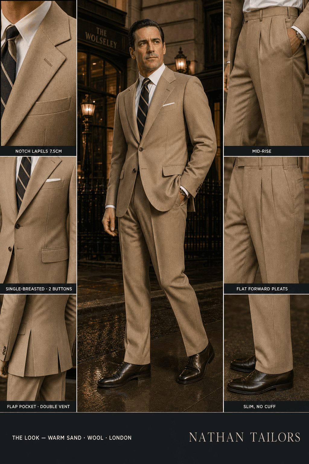 warm sand single-breasted bespoke suit — custom tailored by Nathan Tailors, the Hoi An custom tailor
