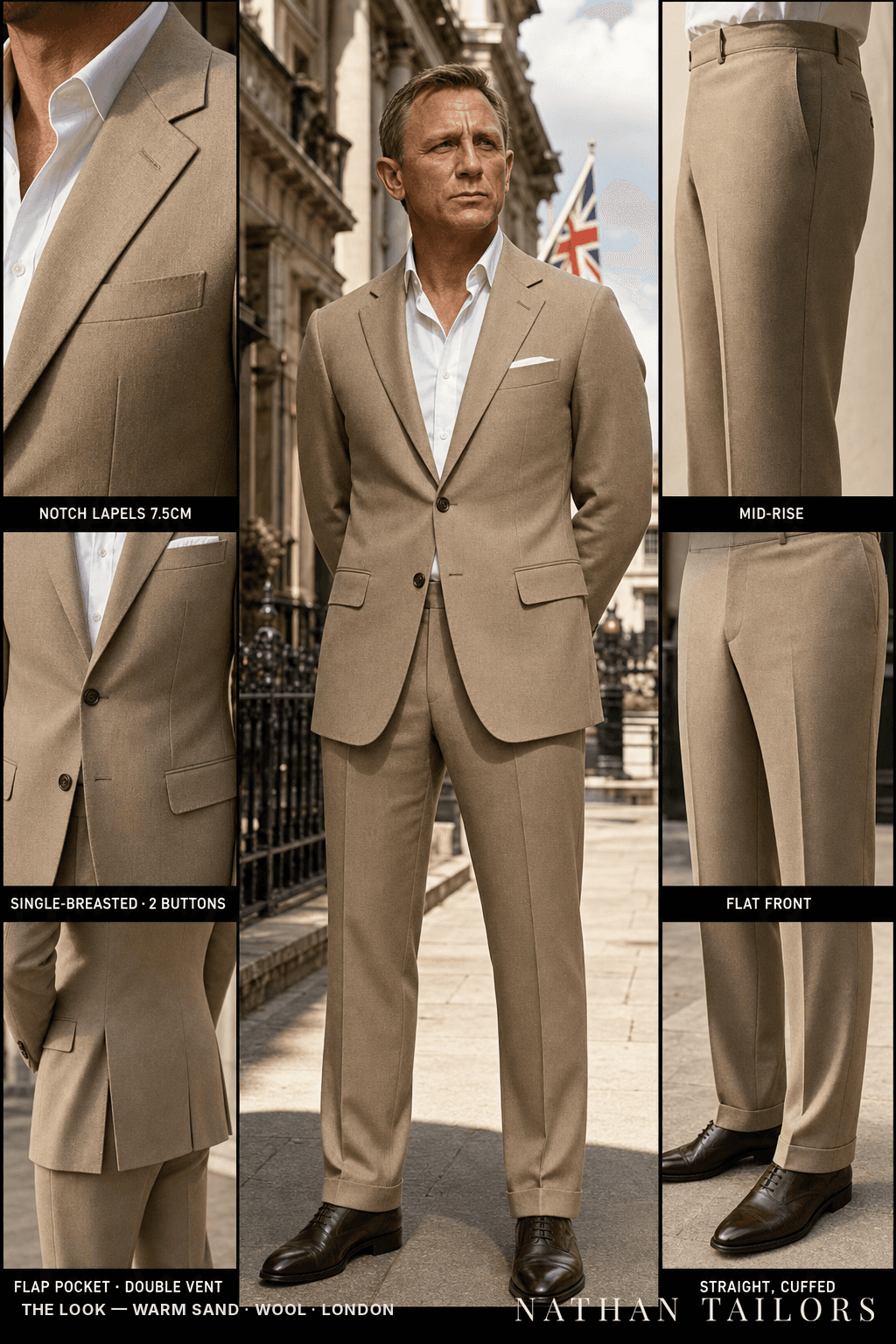 warm sand single-breasted bespoke suit — custom tailored by Nathan Tailors, the Hoi An custom tailor