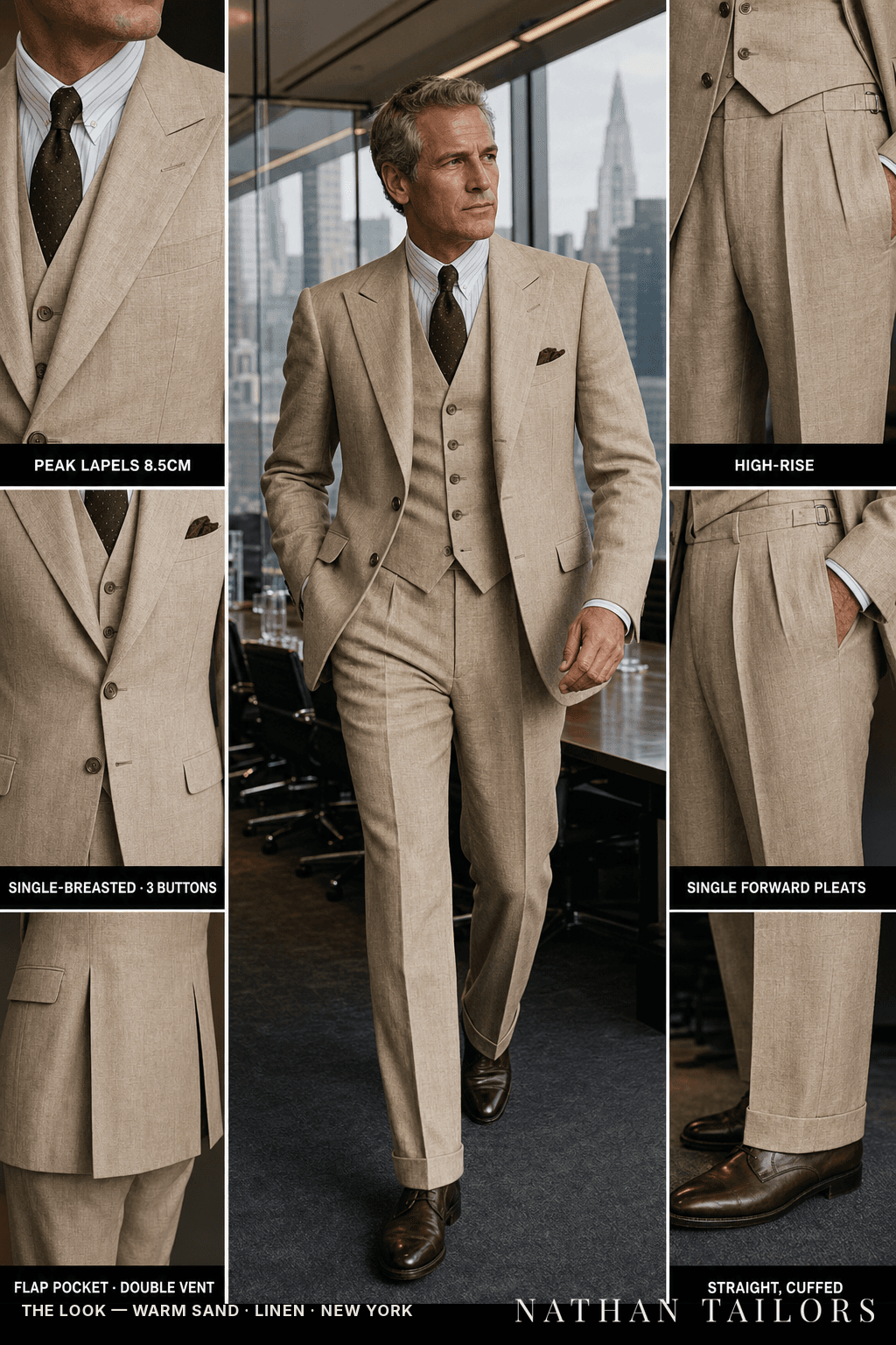 warm sand single-breasted bespoke suit — custom tailored by Nathan Tailors, the Hoi An custom tailor