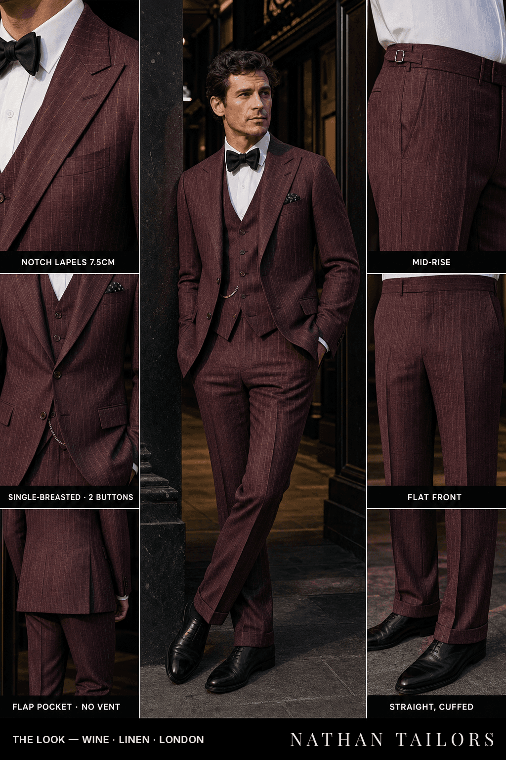 wine pinstripe single-breasted notch-lapel bespoke suit — AI-rendered by Nathan Tailors, the Hoi An custom tailor. Available as a custom tailored suit from $149.