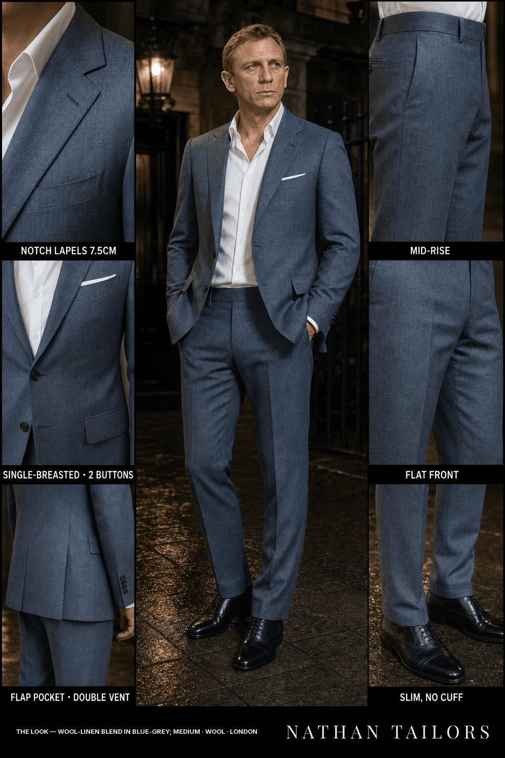 wool‑linen blend in blue‑grey; medium single-breasted bespoke suit — custom tailored by Nathan Tailors, the Hoi An custom tailor