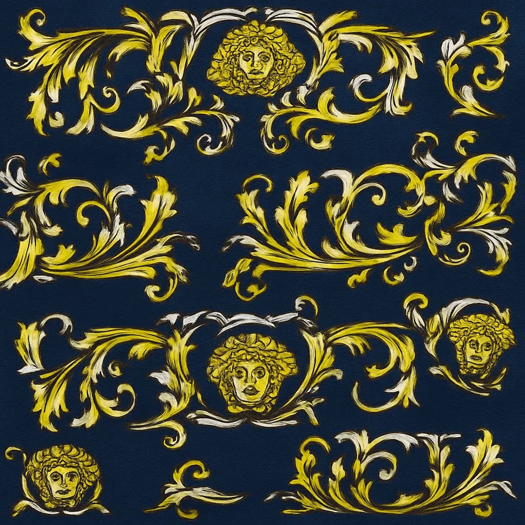 Cotton Blend Dark Blue & Golden Yellow Baroque Business Suiting Fabric — Cotton Blend fabric swatch from Nathan Tailors, a Hoi An tailor