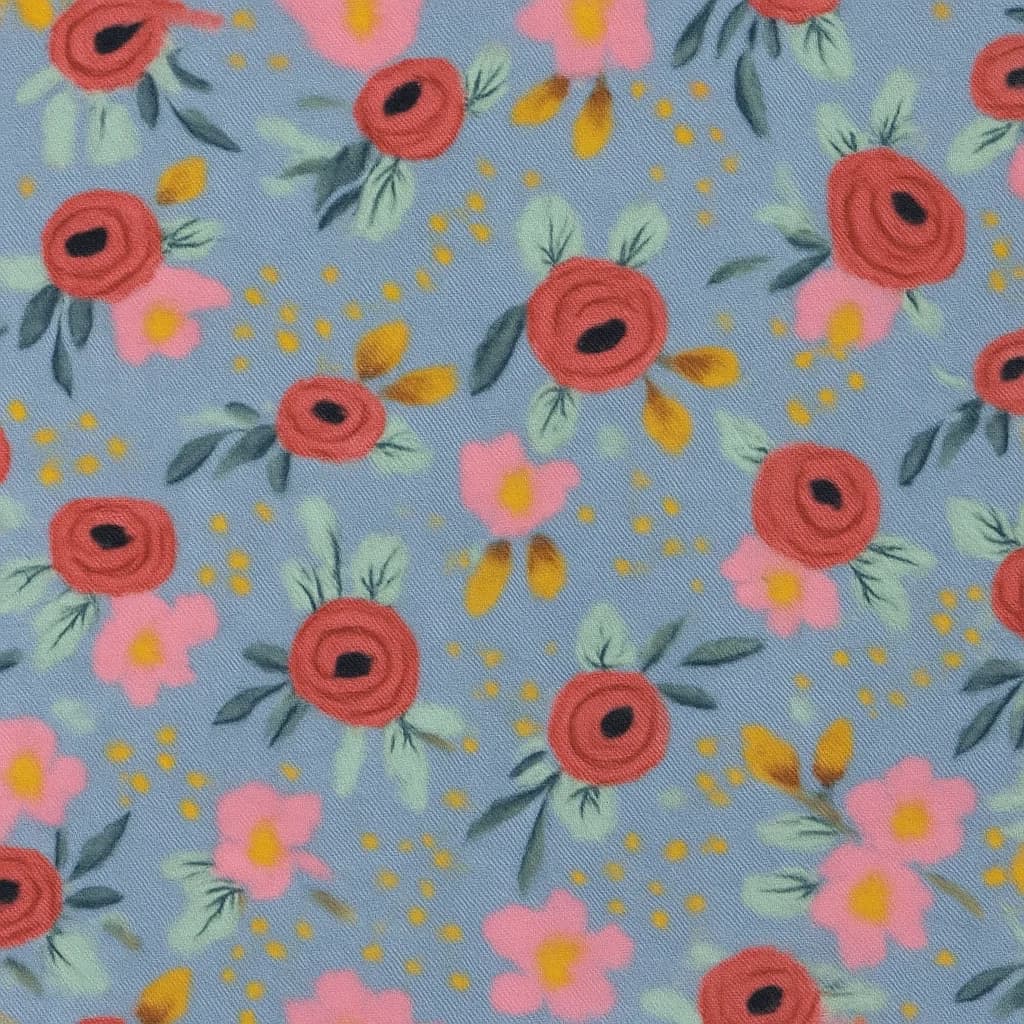 Cotton Light Lavender Blue Rose Red Floral Dresses Fabric — Cotton fabric swatch from a Hoi An tailor