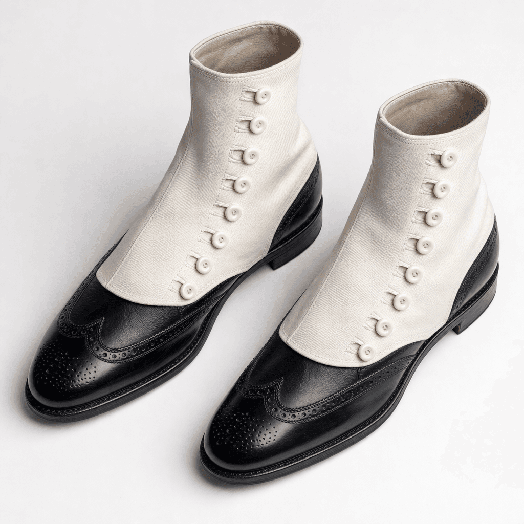 Black leather wingtip shoes with white canvas spats fastened over the upper, photographed flat-lay — the 1930s-gangster footwear detail Michael Bush and Dennis Tompkins specified for the Smooth Criminal outfit.