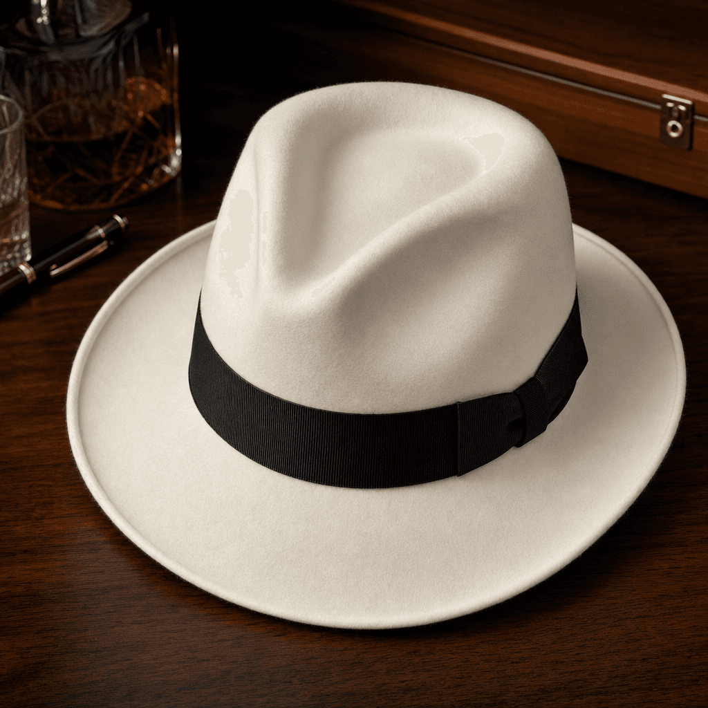 A white wool felt fedora with a contrasting black grosgrain band on dark polished wood — the hat that completes the Smooth Criminal silhouette.