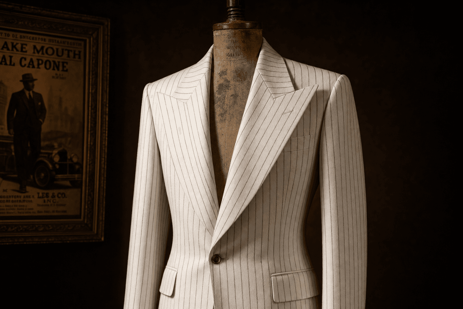A white wool single-breasted suit jacket with thin gray pinstripes and dramatically oversized peak lapels displayed on a vintage tailor's mannequin — the unmistakable cut of Michael Jackson's 1988 Smooth Criminal stage suit, designed by Michael Bush and Dennis Tompkins.