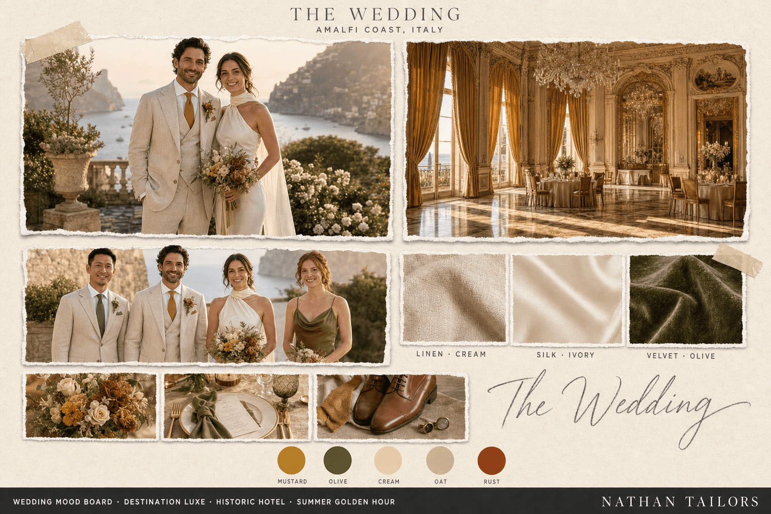 Amalfi Lemon — Mustard, Olive & Cream historic hotel wedding attire mood board — custom wedding attire mood board with bespoke groom suit and custom tailored bridesmaid dresses by Nathan Tailors, the Hoi An custom tailor. Mustard, Olive & Cream palette, historic hotel venue, summer golden hour light.