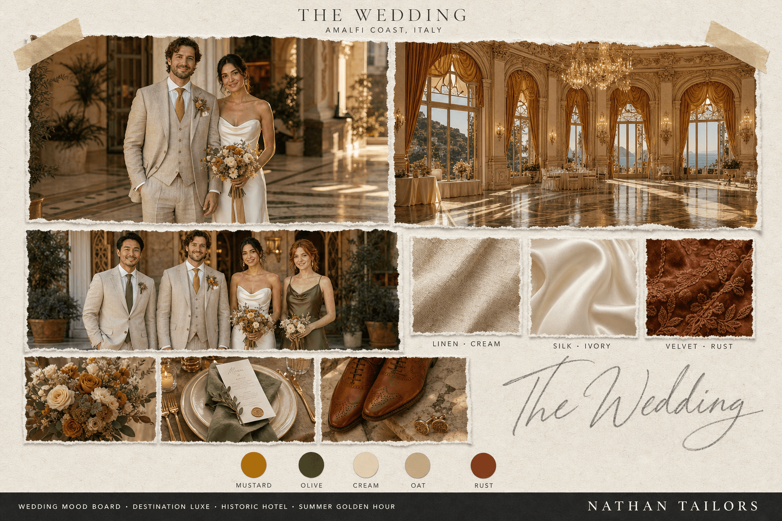Amalfi Lemon — Mustard, Olive & Cream historic hotel wedding attire mood board — custom wedding attire mood board with bespoke groom suit and custom tailored bridesmaid dresses by Nathan Tailors, the Hoi An custom tailor. Mustard, Olive & Cream palette, historic hotel venue, summer golden hour light.