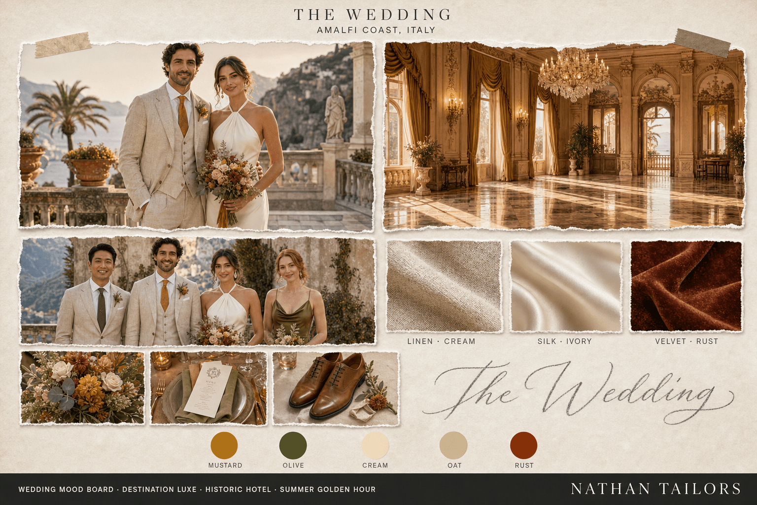 Amalfi Lemon — Mustard, Olive & Cream historic hotel wedding attire mood board — custom wedding attire mood board with bespoke groom suit and custom tailored bridesmaid dresses by Nathan Tailors, the Hoi An custom tailor. Mustard, Olive & Cream palette, historic hotel venue, summer golden hour light.