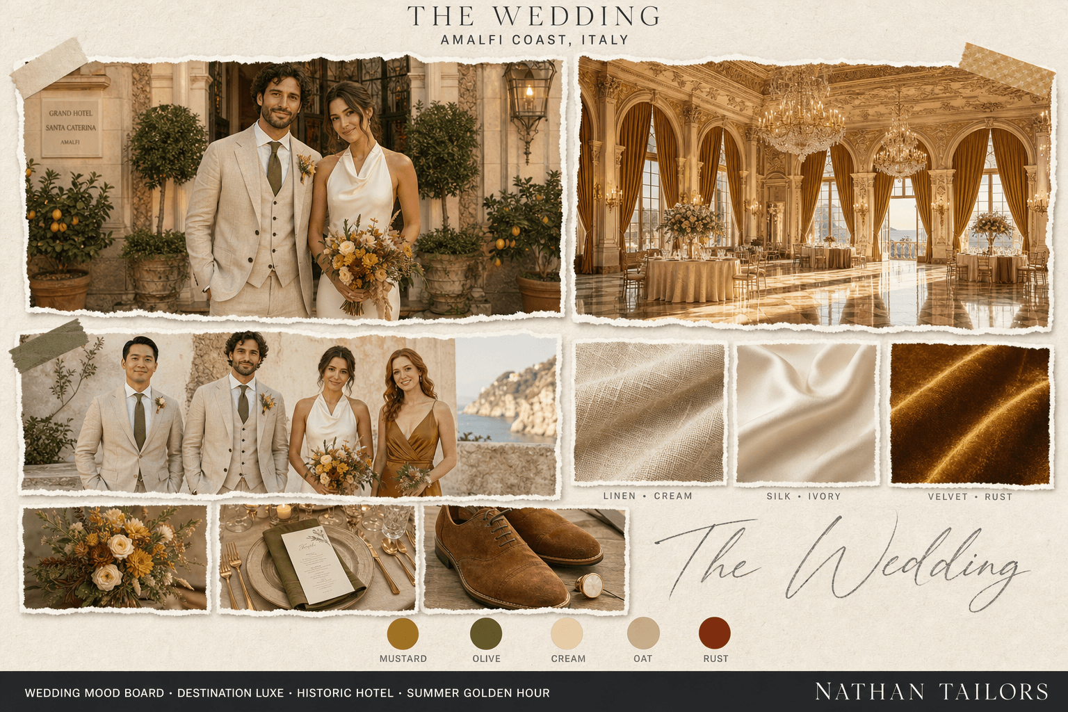 Amalfi Lemon — Mustard, Olive & Cream historic hotel wedding attire mood board — custom wedding attire mood board with bespoke groom suit and custom tailored bridesmaid dresses by Nathan Tailors, the Hoi An custom tailor. Mustard, Olive & Cream palette, historic hotel venue, summer golden hour light.