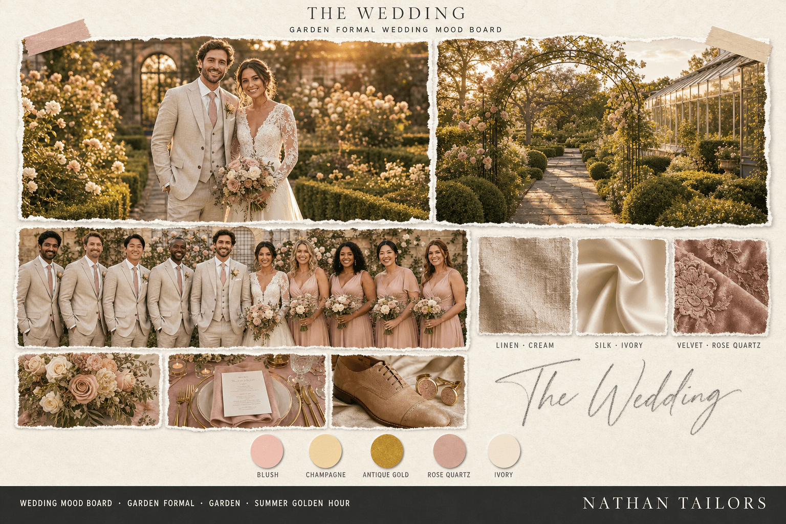 Blush, Champagne & Gold garden wedding attire mood board — custom wedding attire mood board with bespoke groom suit and custom tailored bridesmaid dresses by Nathan Tailors, the Hoi An custom tailor. Blush, Champagne & Gold palette, garden venue, summer golden hour light.