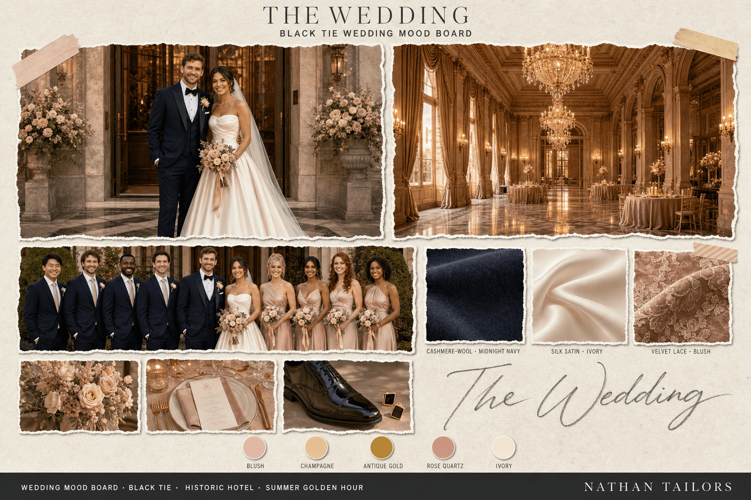 Blush, Champagne & Gold historic hotel wedding attire mood board — custom wedding attire mood board with bespoke groom suit and custom tailored bridesmaid dresses by Nathan Tailors, the Hoi An custom tailor. Blush, Champagne & Gold palette, historic hotel venue, summer golden hour light.