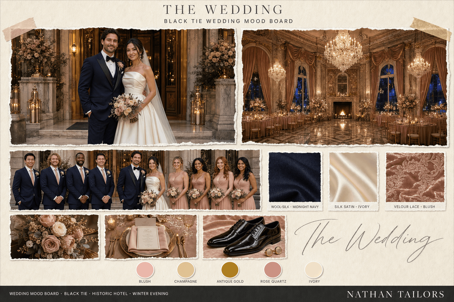 Blush, Champagne & Gold historic hotel wedding attire mood board — custom wedding attire mood board with bespoke groom suit and custom tailored bridesmaid dresses by Nathan Tailors, the Hoi An custom tailor. Blush, Champagne & Gold palette, historic hotel venue, winter evening light.