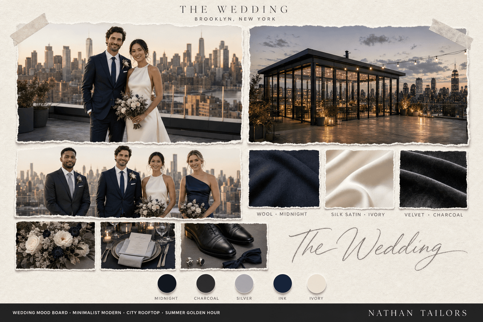 Midnight, Charcoal & Silver city rooftop bespoke wedding attire mood board — custom tailored by Nathan Tailors, the Hoi An custom tailor
