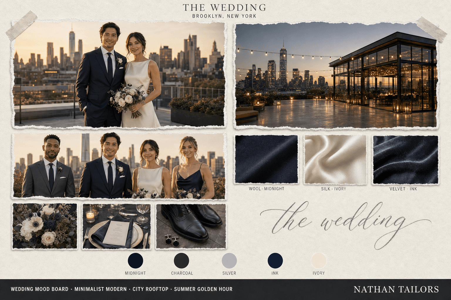 Brooklyn Rooftop — Midnight, Charcoal & Silver city rooftop wedding attire mood board — custom wedding attire mood board with bespoke groom suit and custom tailored bridesmaid dresses by Nathan Tailors, the Hoi An custom tailor. Midnight, Charcoal & Silver palette, city rooftop venue, summer golden hour light.