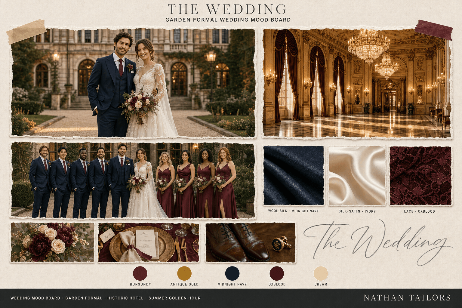 Burgundy, Gold & Deep Navy historic hotel bespoke wedding attire mood board — custom tailored by Nathan Tailors, the Hoi An custom tailor