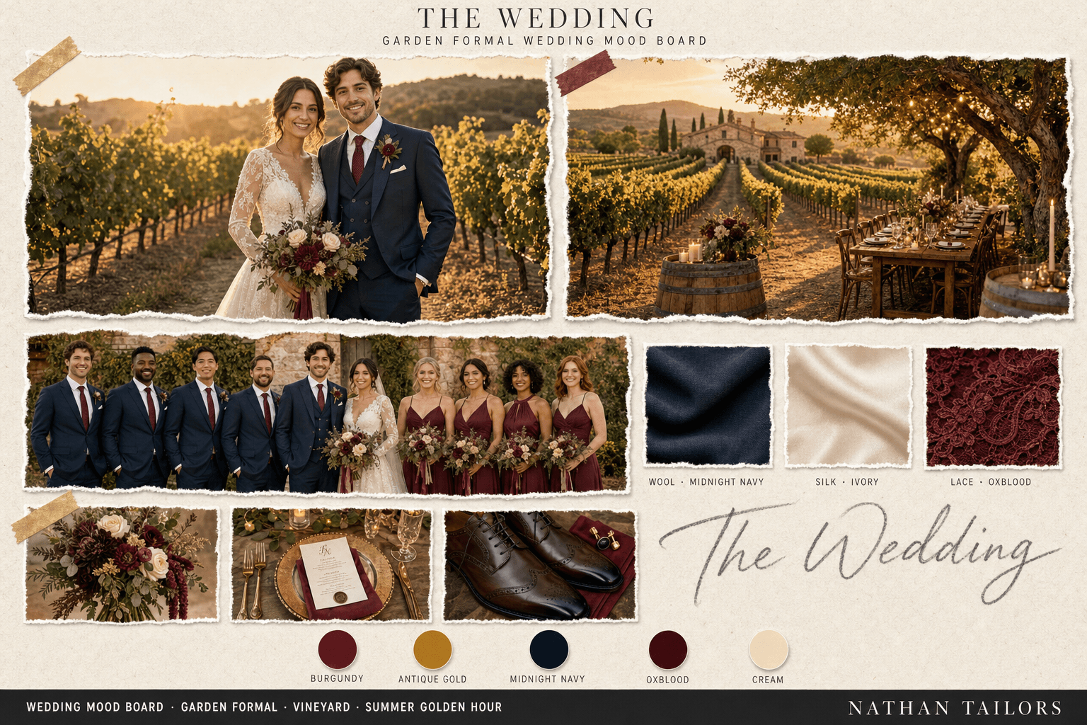 Burgundy, Gold & Deep Navy vineyard bespoke wedding attire mood board — custom tailored by Nathan Tailors, the Hoi An custom tailor