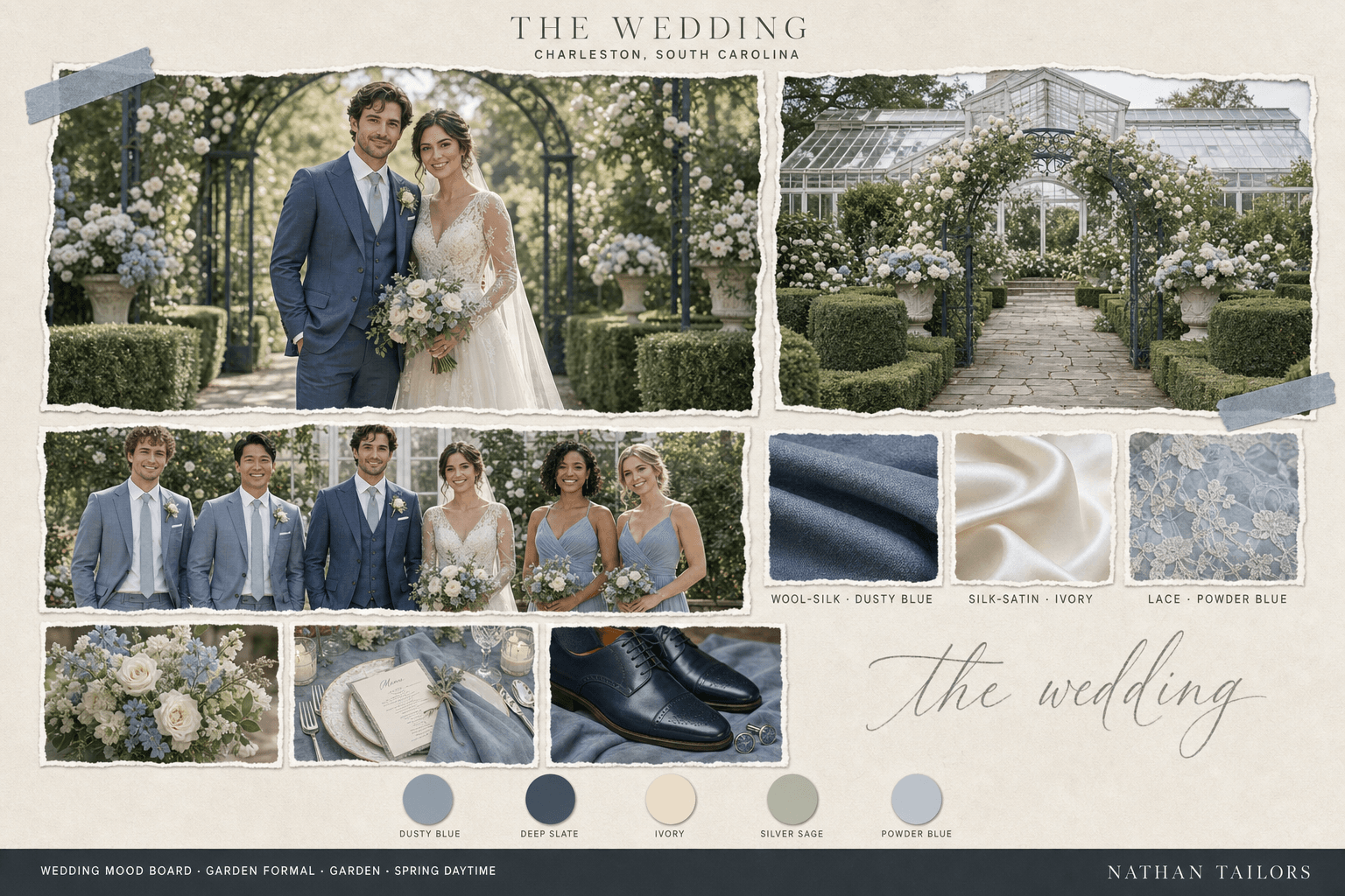 Dusty Blue & Ivory garden bespoke wedding attire mood board — custom tailored by Nathan Tailors, the Hoi An custom tailor