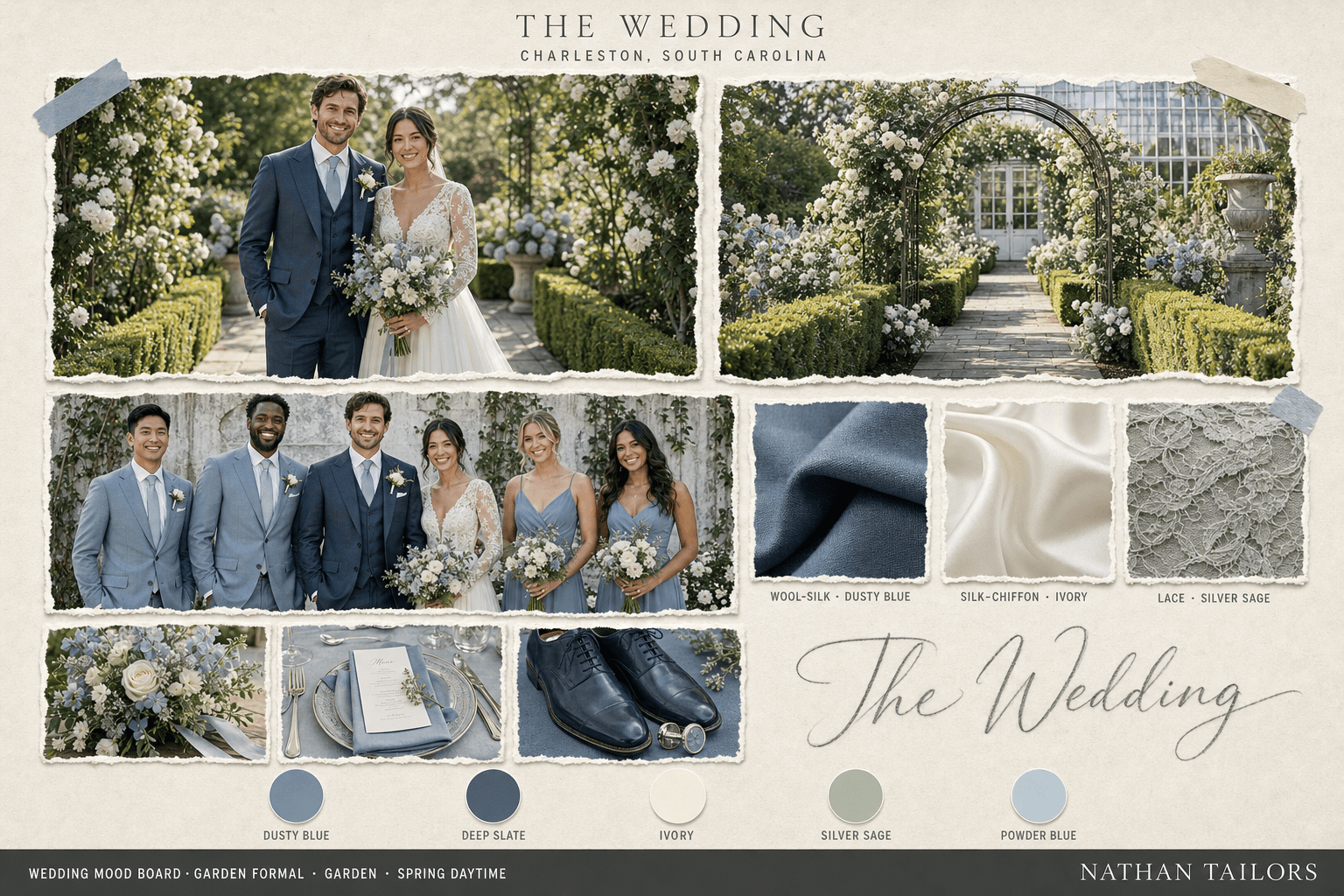 Dusty Blue & Ivory garden bespoke wedding attire mood board — custom tailored by Nathan Tailors, the Hoi An custom tailor