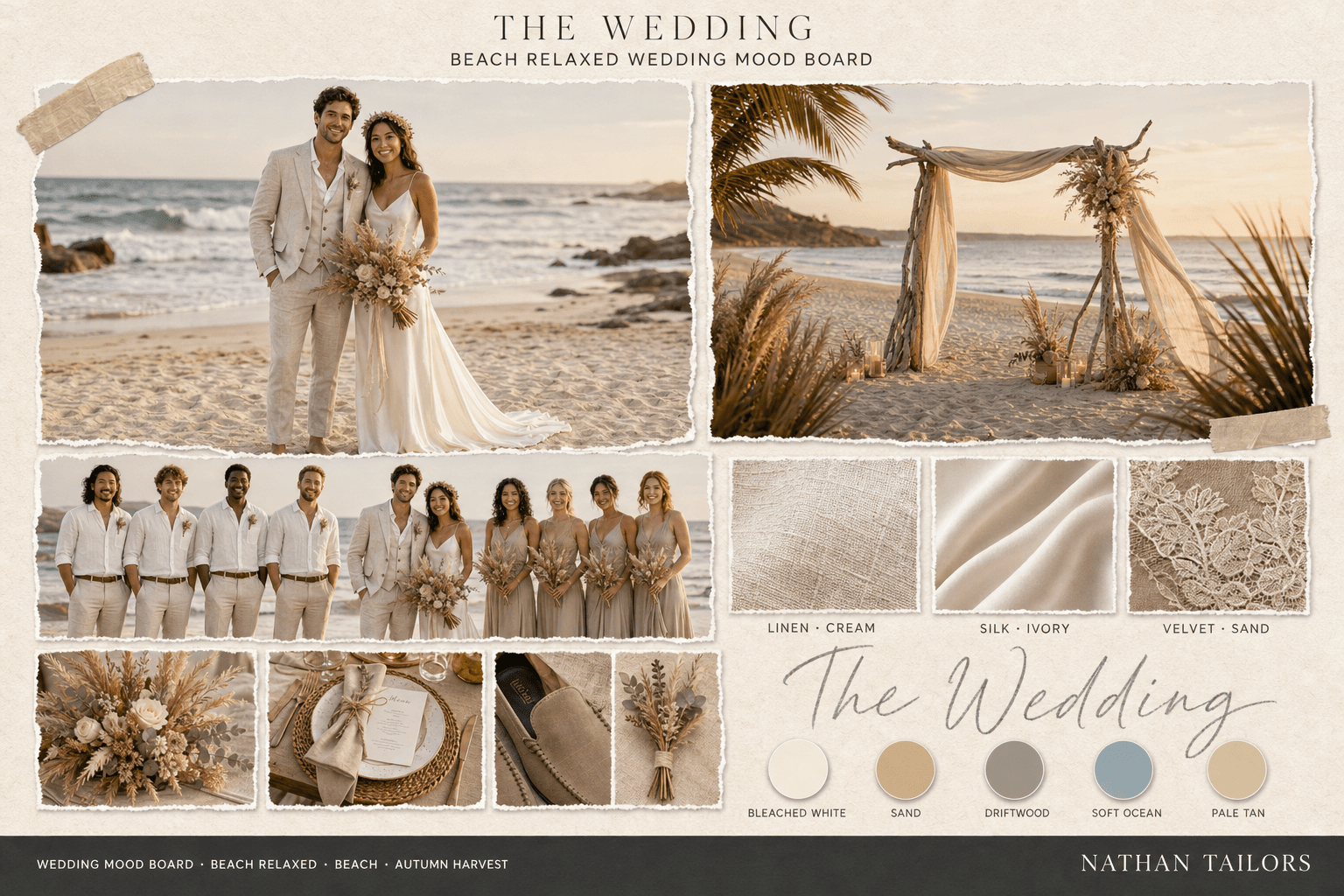 Coastal White, Sand & Driftwood beach wedding attire mood board — custom wedding attire mood board with bespoke groom suit and custom tailored bridesmaid dresses by Nathan Tailors, the Hoi An custom tailor. Coastal White, Sand & Driftwood palette, beach venue, autumn harvest light.