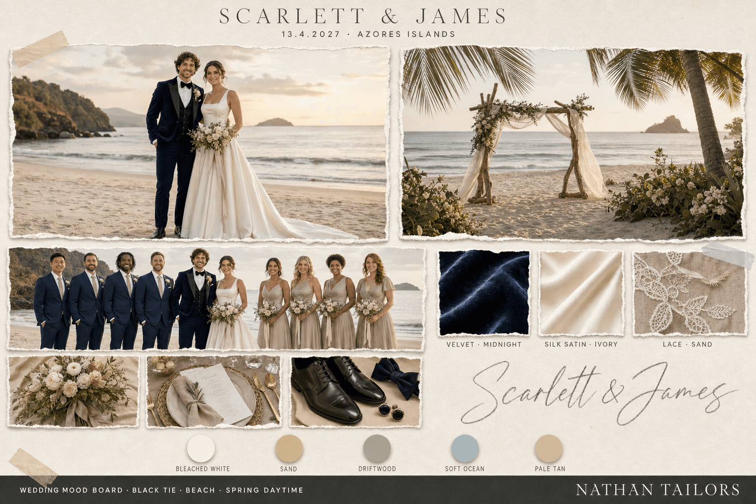 Coastal White, Sand & Driftwood beach bespoke wedding attire mood board — custom tailored by Nathan Tailors, the Hoi An custom tailor