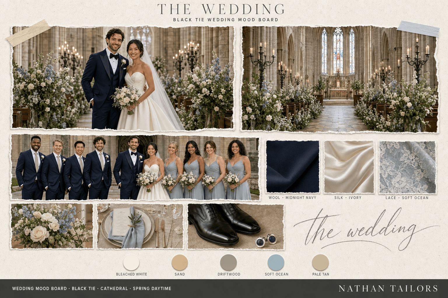 Coastal White, Sand & Driftwood cathedral bespoke wedding attire mood board — custom tailored by Nathan Tailors, the Hoi An custom tailor