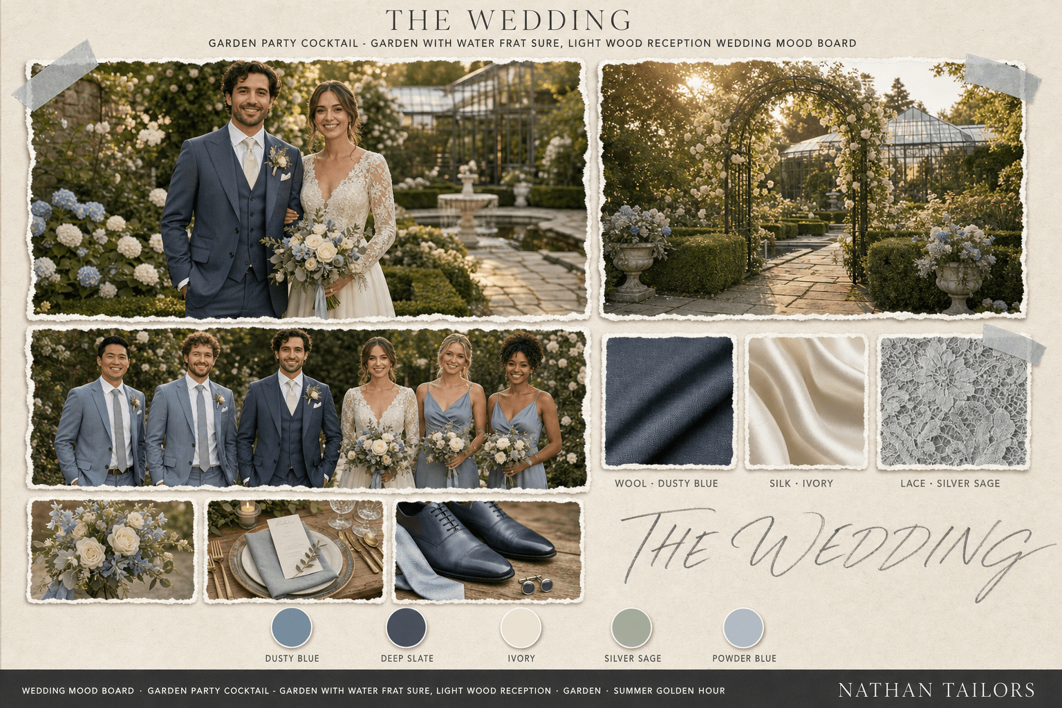 Dusty Blue & Ivory garden wedding attire mood board — custom wedding attire mood board with bespoke groom suit and custom tailored bridesmaid dresses by Nathan Tailors, the Hoi An custom tailor. Dusty Blue & Ivory palette, garden venue, summer golden hour light.