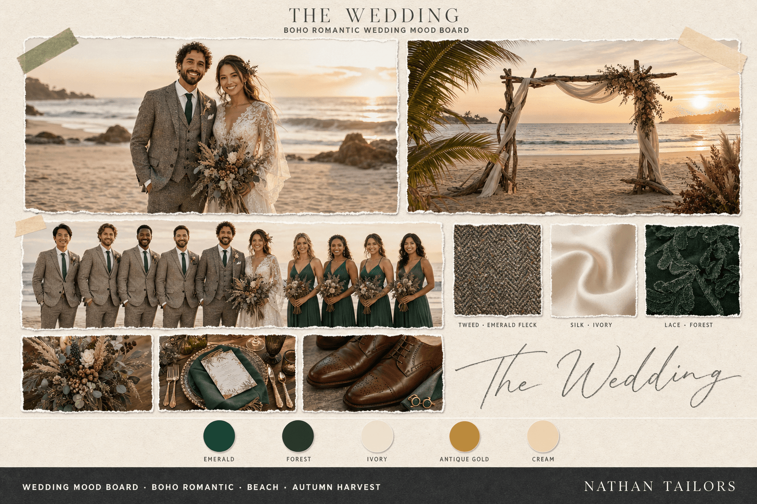 Emerald, Ivory & Gold beach wedding attire mood board — custom wedding attire mood board with bespoke groom suit and custom tailored bridesmaid dresses by Nathan Tailors, the Hoi An custom tailor. Emerald, Ivory & Gold palette, beach venue, autumn harvest light.