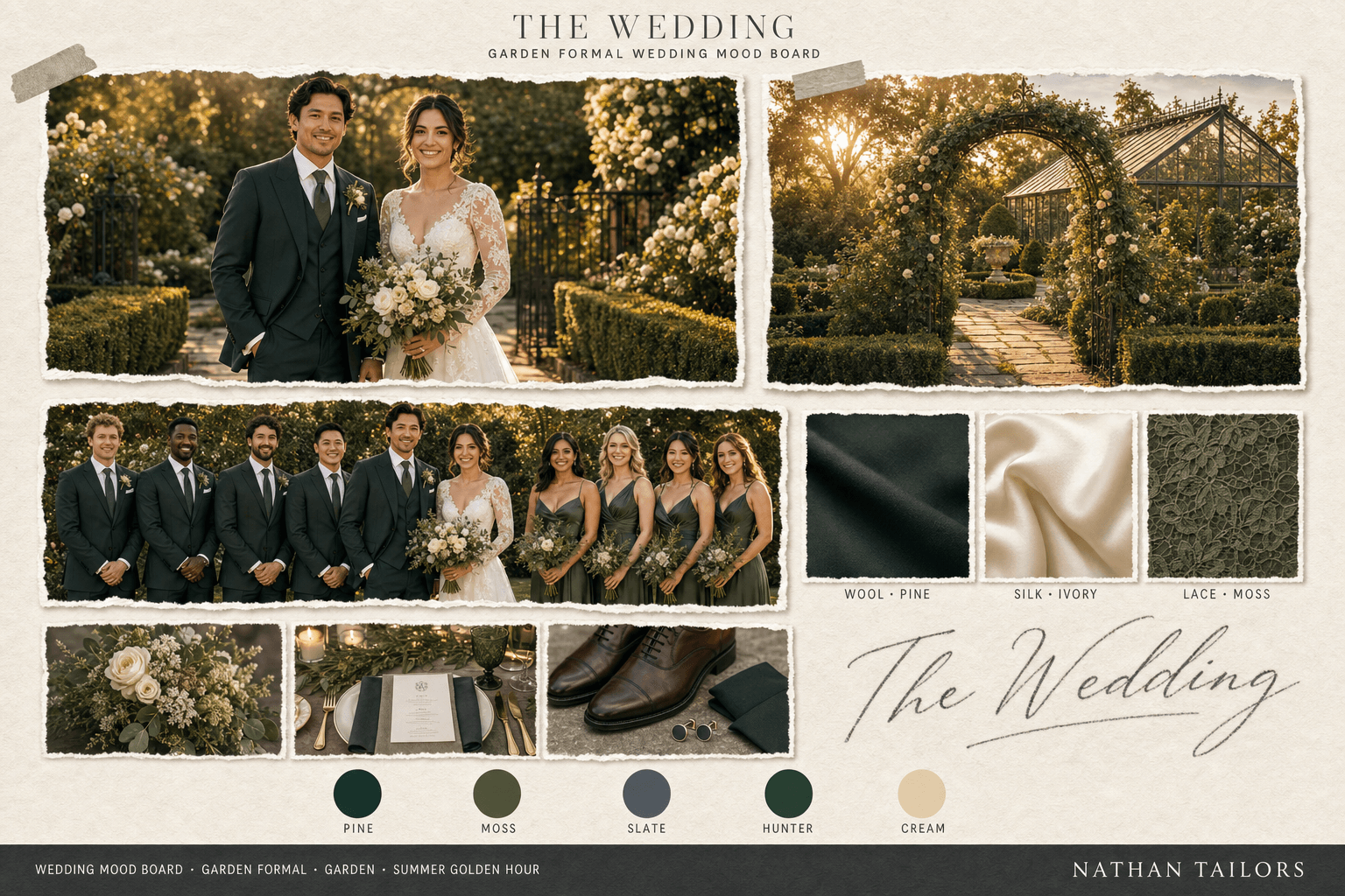 Forest, Moss & Slate garden wedding attire mood board — custom wedding attire mood board with bespoke groom suit and custom tailored bridesmaid dresses by Nathan Tailors, the Hoi An custom tailor. Forest, Moss & Slate palette, garden venue, summer golden hour light.