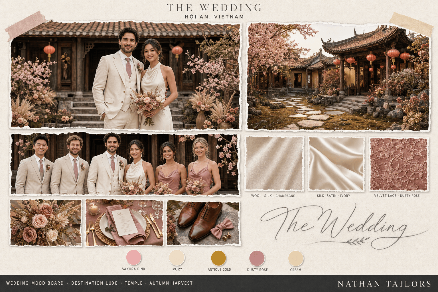 Sakura Pink, Ivory & Gold temple bespoke wedding attire mood board — custom tailored by Nathan Tailors, the Hoi An custom tailor