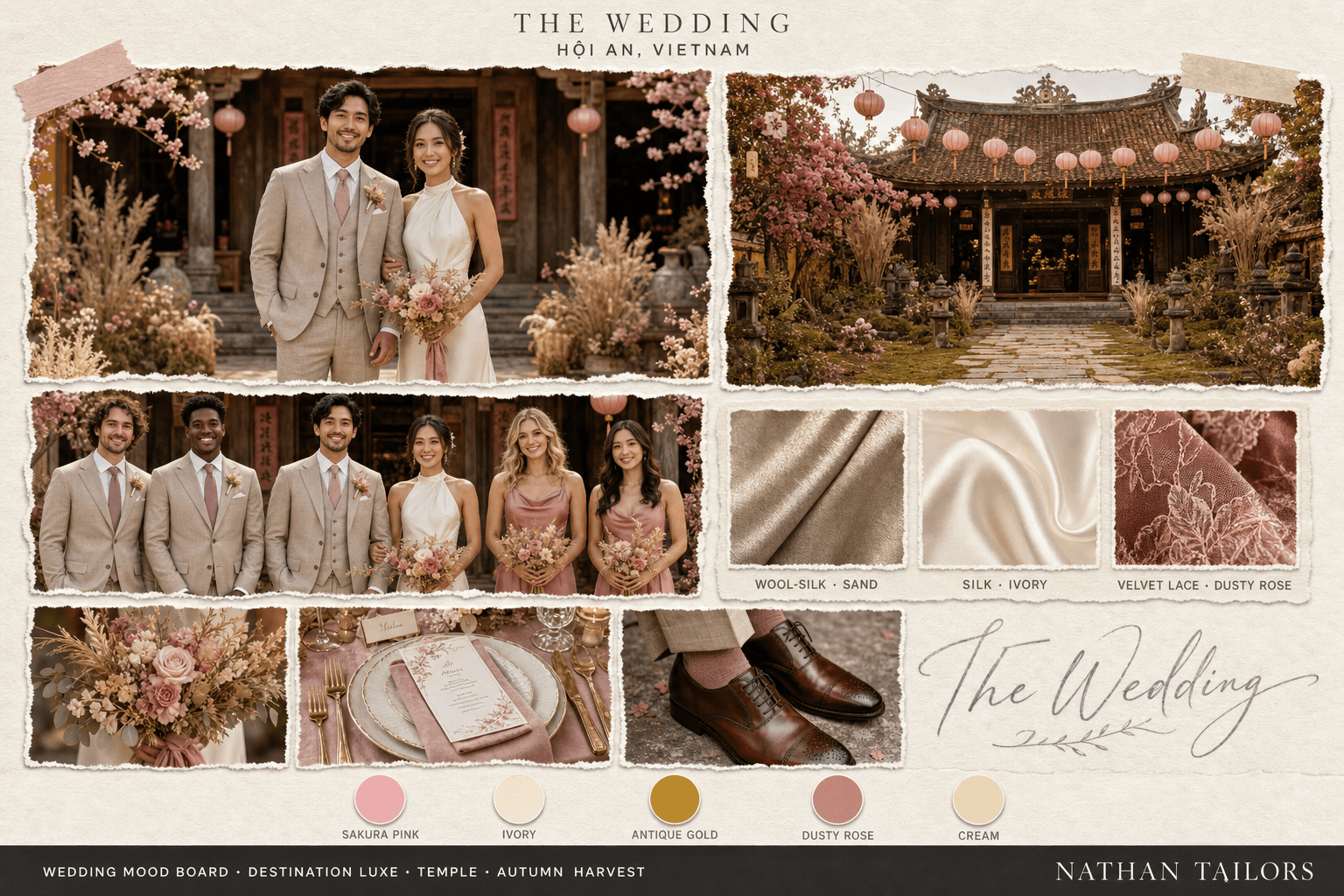 Hội An Lantern — Sakura Pink, Ivory & Gold temple wedding attire mood board — custom wedding attire mood board with bespoke groom suit and custom tailored bridesmaid dresses by Nathan Tailors, the Hoi An custom tailor. Sakura Pink, Ivory & Gold palette, temple venue, autumn harvest light.