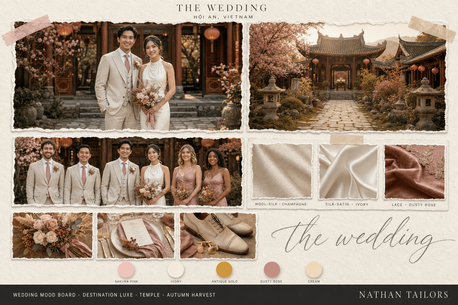 Hội An Lantern — Sakura Pink, Ivory & Gold temple wedding attire mood board — custom wedding attire mood board with bespoke groom suit and custom tailored bridesmaid dresses by Nathan Tailors, the Hoi An custom tailor. Sakura Pink, Ivory & Gold palette, temple venue, autumn harvest light.